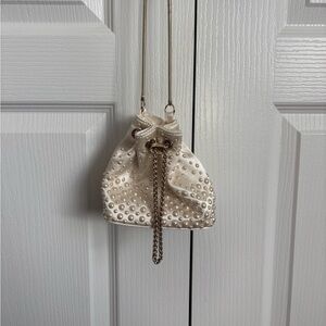 Aldo Cream Pearl-Studded Mini Drawstring Bucket Bag